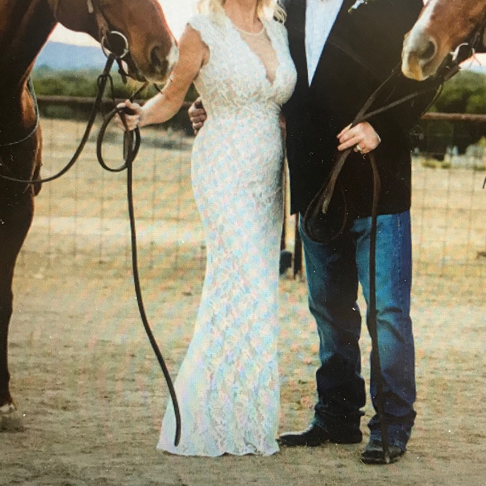 White Lace Illusion Lace V-Neck Gown